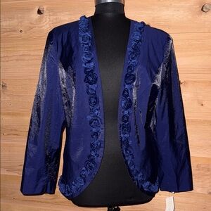 Blueberry taffeta sheen Women's open front Blazer with Floral Rosette Accents